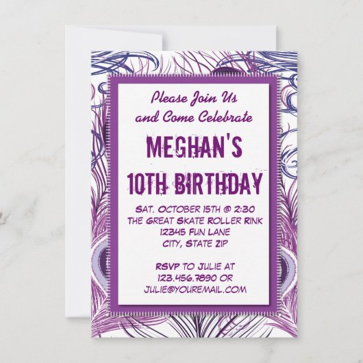 Paarse Peacock Feathers Birthday Party Invitations Kaart (Voorkant)
