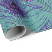 Paarse Peacock Feathers op Blauwgroen Cadeaupapier (Rol Hoek)