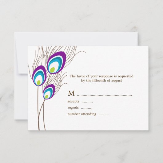 Paarse Peacock Feathers RSVP-kaarten RSVP Kaartje (Voorkant)