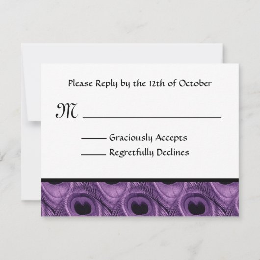 Paarse Peacock Feathers RSVP Weddenschapskaart Kaartje (Achterkant)