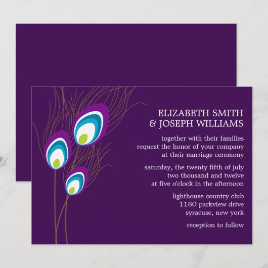 Paarse Peacock Feathers Wedding Kaart (Voorkant / Achterkant)