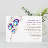 Paarse Peacock Feathers Wedding Kaart (Staand voorkant)