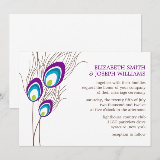 Paarse Peacock Feathers Wedding Kaart (Voorkant / Achterkant)
