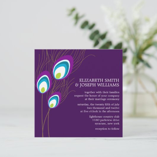 Paarse Peacock Feathers Wedding Kaart (Staand voorkant)