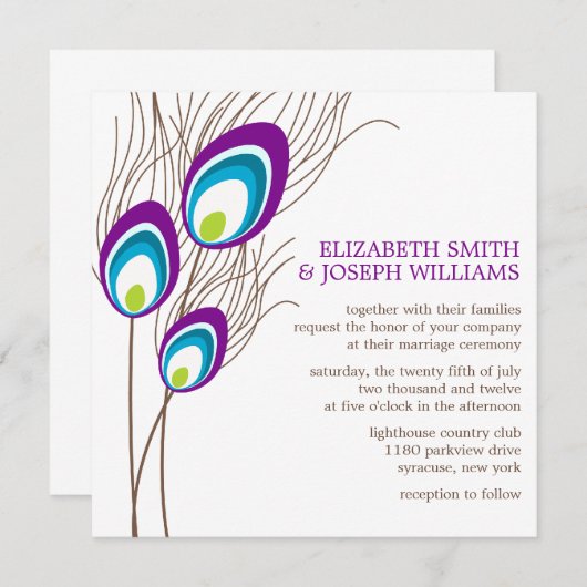 Paarse Peacock Feathers Wedding Kaart (Voorkant / Achterkant)