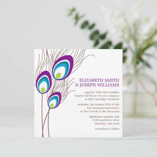 Paarse Peacock Feathers Wedding Kaart (Staand voorkant)