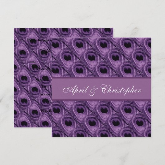 Paarse Peacock Feathers Wedding Square Uitnodiging (Voorkant / Achterkant)