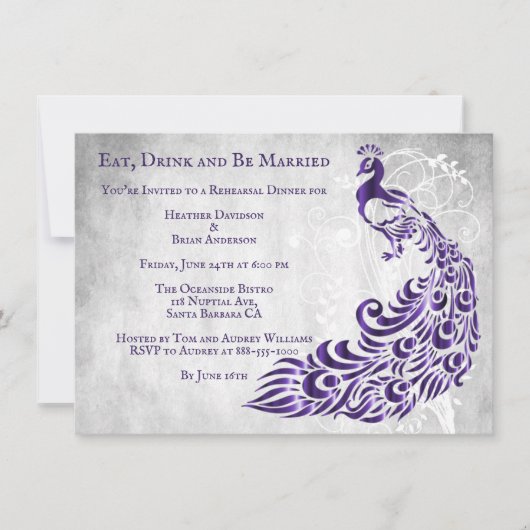 Paarse Peacock Leaf Vine Rehearsal Dinner Invite Kaart (Voorkant)