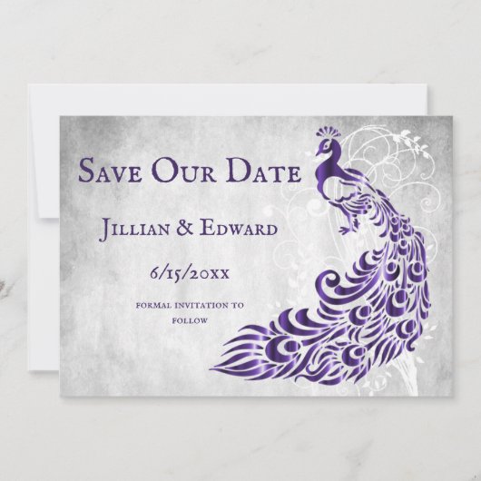 Paarse Peacock Leaf Vine Save the Date Aankondiging (Voorkant)