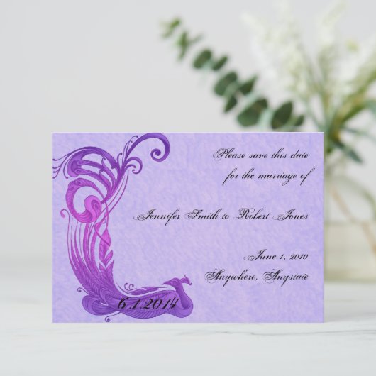 Paarse  Peacock sparen de Datum Save The Date (Staand voorkant)