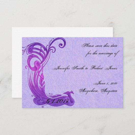 Paarse Peacock sparen de Datum Save The Date (Voorkant / Achterkant)