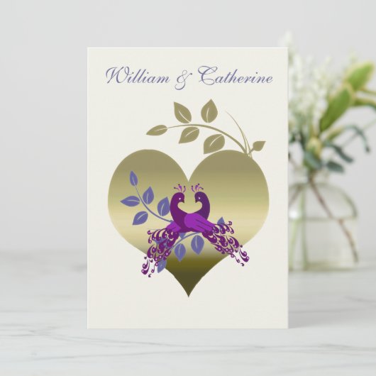 Paarse Peacock Tortelduifjes Weddenschap Kaart (Staand voorkant)