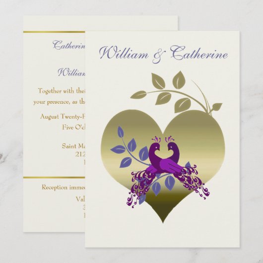 Paarse Peacock Tortelduifjes Weddenschap Kaart (Voorkant / Achterkant)