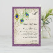 Paarse Peacock veren Waterverf Vintage bruiloft Kaart (Staand voorkant)