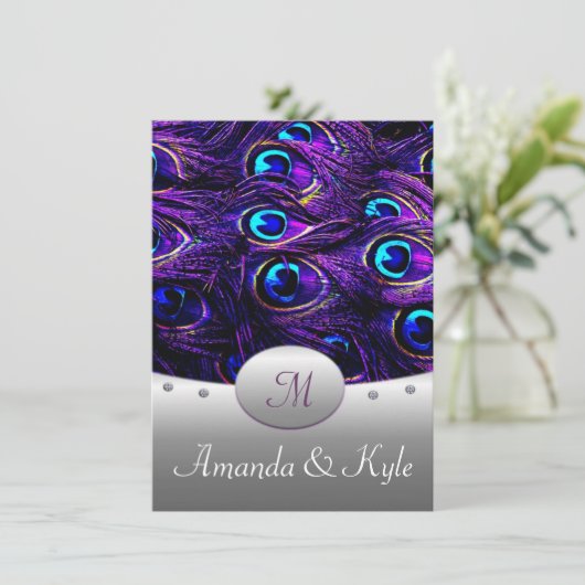 Paarse Peacock Wedding Invitations 4,5 x 6,25 inch Kaart (Staand voorkant)