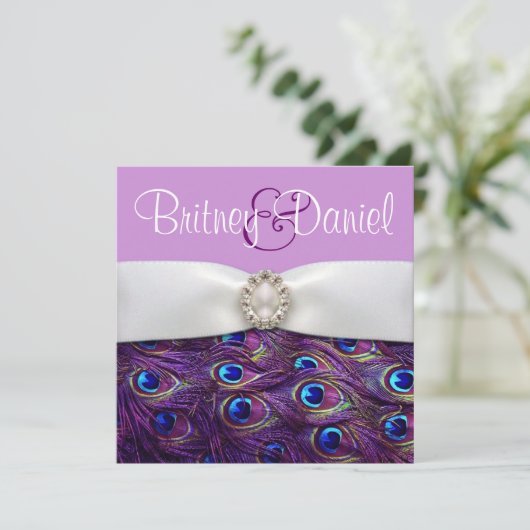 Paarse Peacock Wedding Invitations Kaart (Staand voorkant)