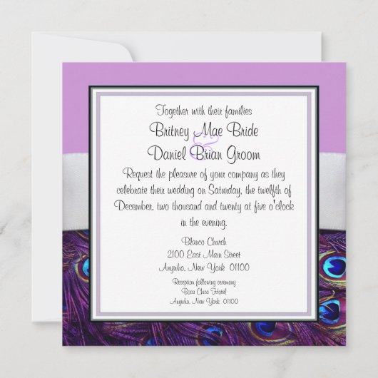 Paarse Peacock Wedding Invitations Kaart (Achterkant)