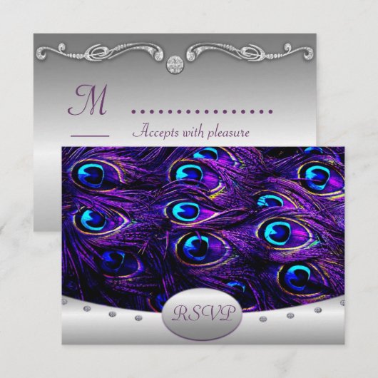Paarse Peacock Wedding RSVP Weddenschappen (Voorkant / Achterkant)