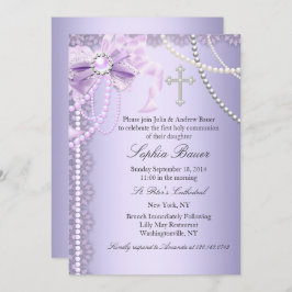 Paarse  Pearl Bow Eerste Heilige Communie Kaart