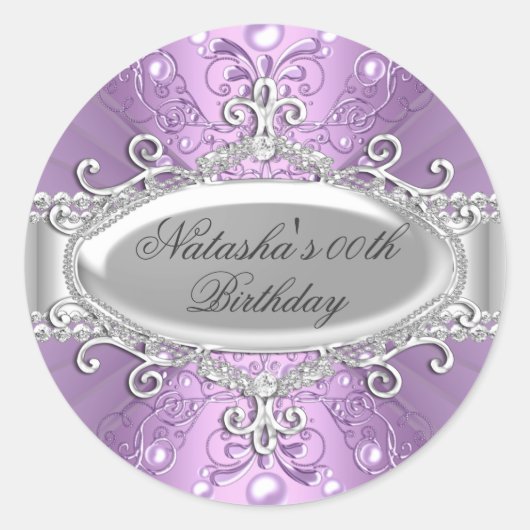 Paarse Pearl & Diamond Damask Verjaardag Sticker (Voorkant)