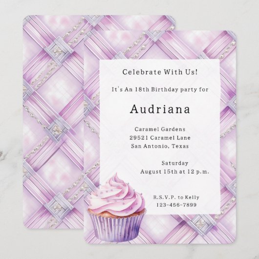 Paarse Pearl Pink Cupcake Verjaardag Kaart (Voorkant / Achterkant)