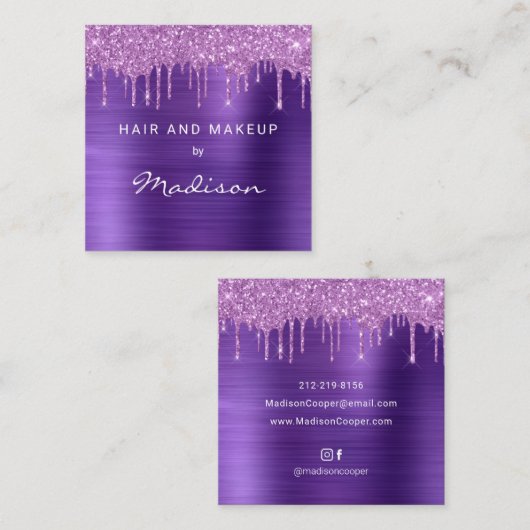 Paarse Penseel Metaal Roze Drip Glitter Hair & Mak Vierkante Visitekaartje (Voorkant / Achterkant)