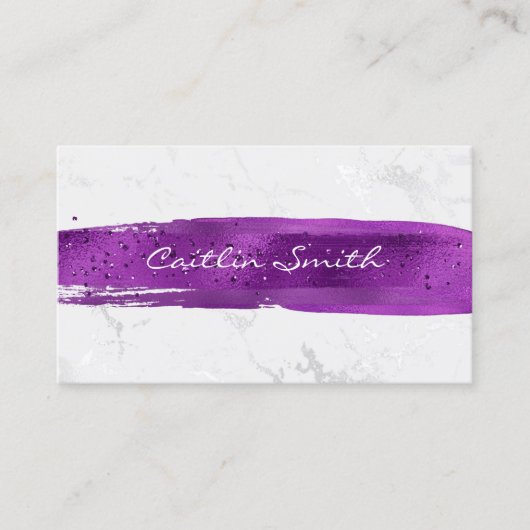 Paarse penseelstreek Zilver Wit Folie Marmer Visitekaartje (Voorkant)