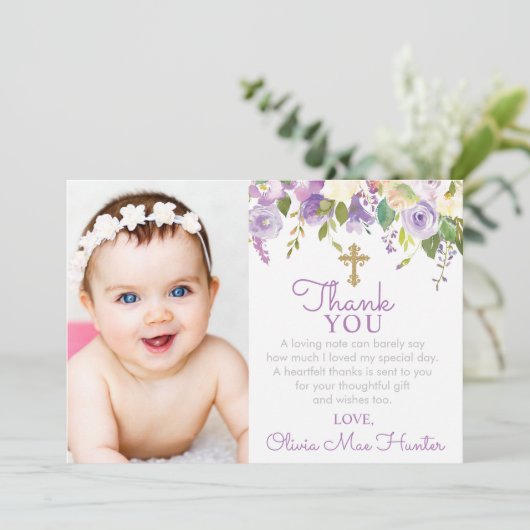 Paarse Peonies Girl Baptisme Foto Bedankkaart (Staand voorkant)