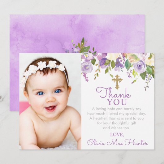 Paarse Peonies Girl Baptisme Foto Bedankkaart (Voorkant / Achterkant)