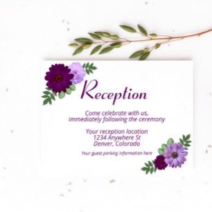 Paarse Peony Floral Wedding Reception Informatiekaartje