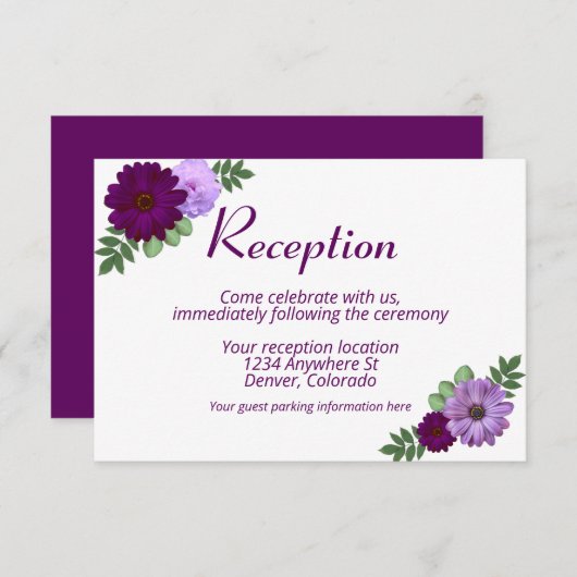 Paarse Peony Floral Wedding Reception Informatiekaartje (Voorkant / Achterkant)