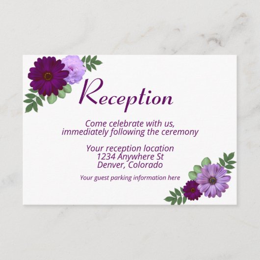 Paarse Peony Floral Wedding Reception Informatiekaartje (Voorkant)