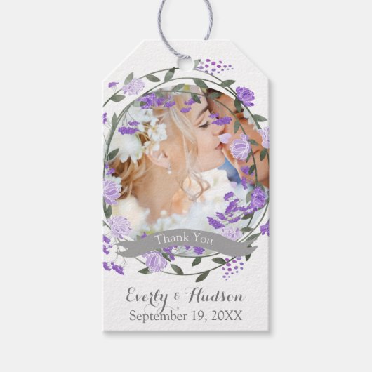 Paarse Peony Floral Wreath Wedding Cadeaulabel (Voorkant)