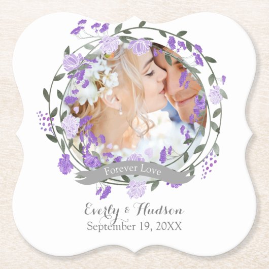 Paarse Peony Floral Wreath Wedding Kartonnen Onderzetters (Voorkant)