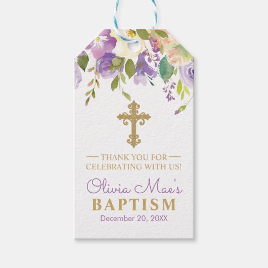 Paarse Peony Girl Baptism Paars & Gold Favor Cadeaulabel (Voorkant)