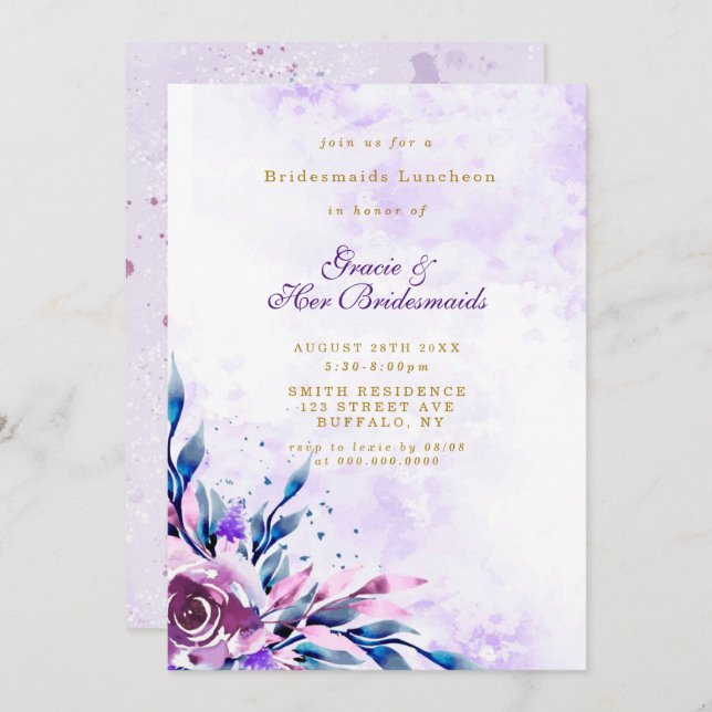 Paarse Peony Gold Bridesmaids Luncheon Invites (Voorkant / Achterkant)