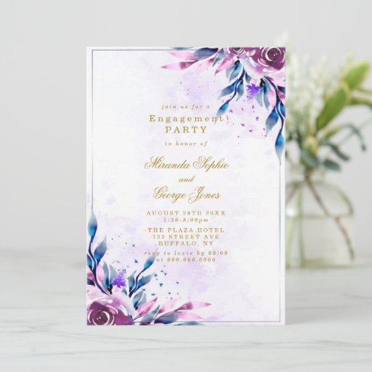 Paarse Peony Gold Geometric Engagement Party Kaart (Staand voorkant)