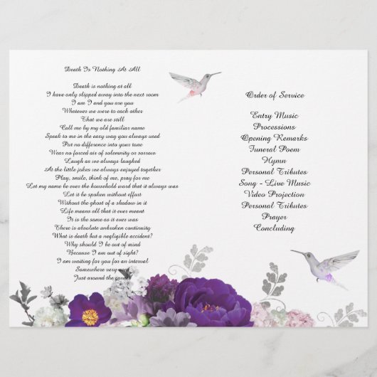 Paarse Peony Hummingbird Funeral Programme Flyer (Achterkant)