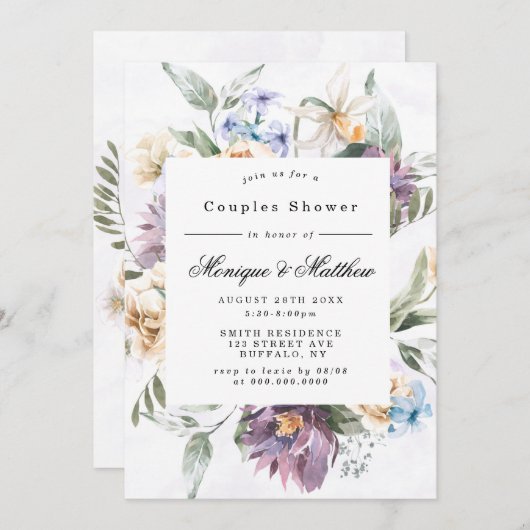 Paarse Peony Wildflower Couples Shower Invites (Voorkant / Achterkant)