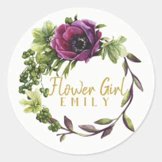 Paarse Peony Wreath Bloemenmeisje Name ID456 Ronde Sticker