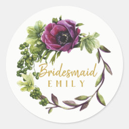 Paarse Peony Wreath Bridesmaid Name ID456 Ronde Sticker