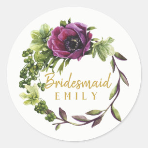 Paarse Peony Wreath Bridesmaid Name ID456 Ronde Sticker