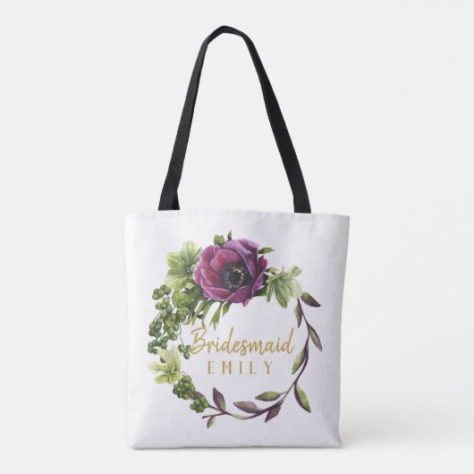 Paarse Peony Wreath Bridesmaid Name ID456 Tote Bag (Achterkant)