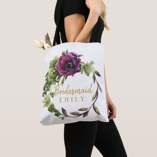 Paarse Peony Wreath Bridesmaid Name ID456 Tote Bag (Dichtbij)