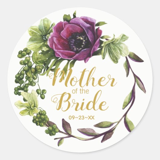 Paarse Peony Wreath Moeder van de Bride ID456 Ronde Sticker (Voorkant)