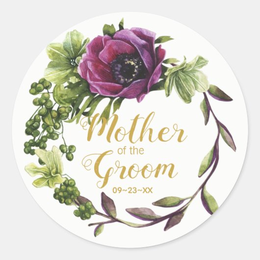 Paarse Peony Wreath Moeder van de Groom ID456 Ronde Sticker (Voorkant)