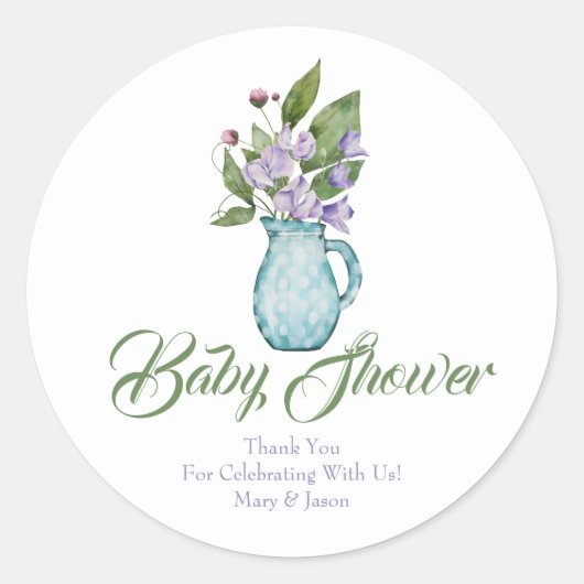 Paarse peperbloemen Baby shower Dank je wel Ronde Sticker (Voorkant)