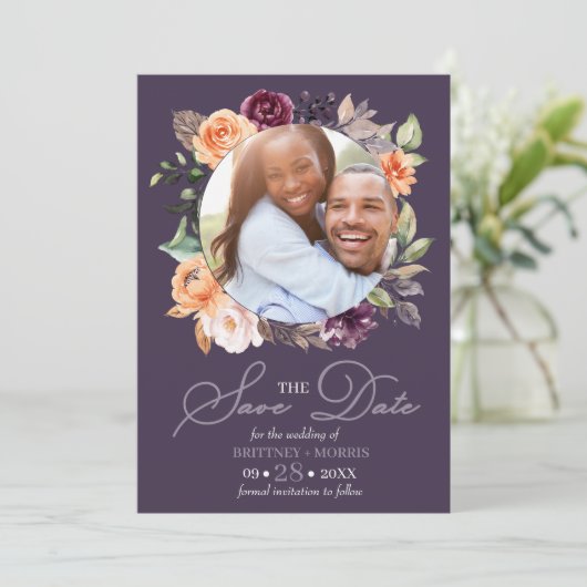 Paarse perforatie Herfst bespaart de datum bruilof Kaart (Staand voorkant)