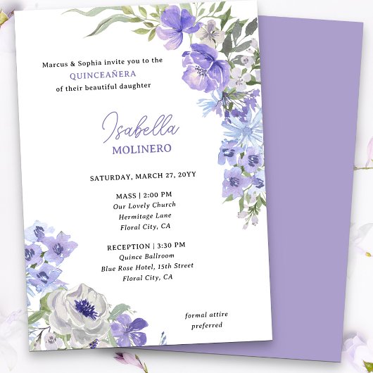 Paarse Peri bloemenelegante Quinceanera en mis Kaart