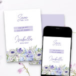 Paarse Peri Girly Bloemen Mis Quince Save The Date<br><div class="desc">Quinceanera Sla de datumkaart op (of bewerk deze voor elke andere gelegenheid). Waterverf bloemontwerp met bloemetjes in tinten van paarse lila lavendelblauw. Elegante moderne formulering en meisjesachtige, luchtige sfeer. Blader door mijn Paarse Peri Floral-collectie voor het coördineren van briefpapier en het decor van de dag van het evenement of stuur...</div>